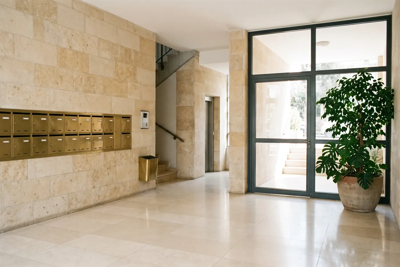 לובי כניסה מאבן בבניין מגורים, עם תיבות דואר מפליז