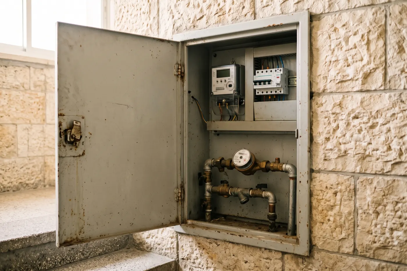 ארון מונים פתוח בחדר מדרגות, עם מונה חשמל ומונה מים